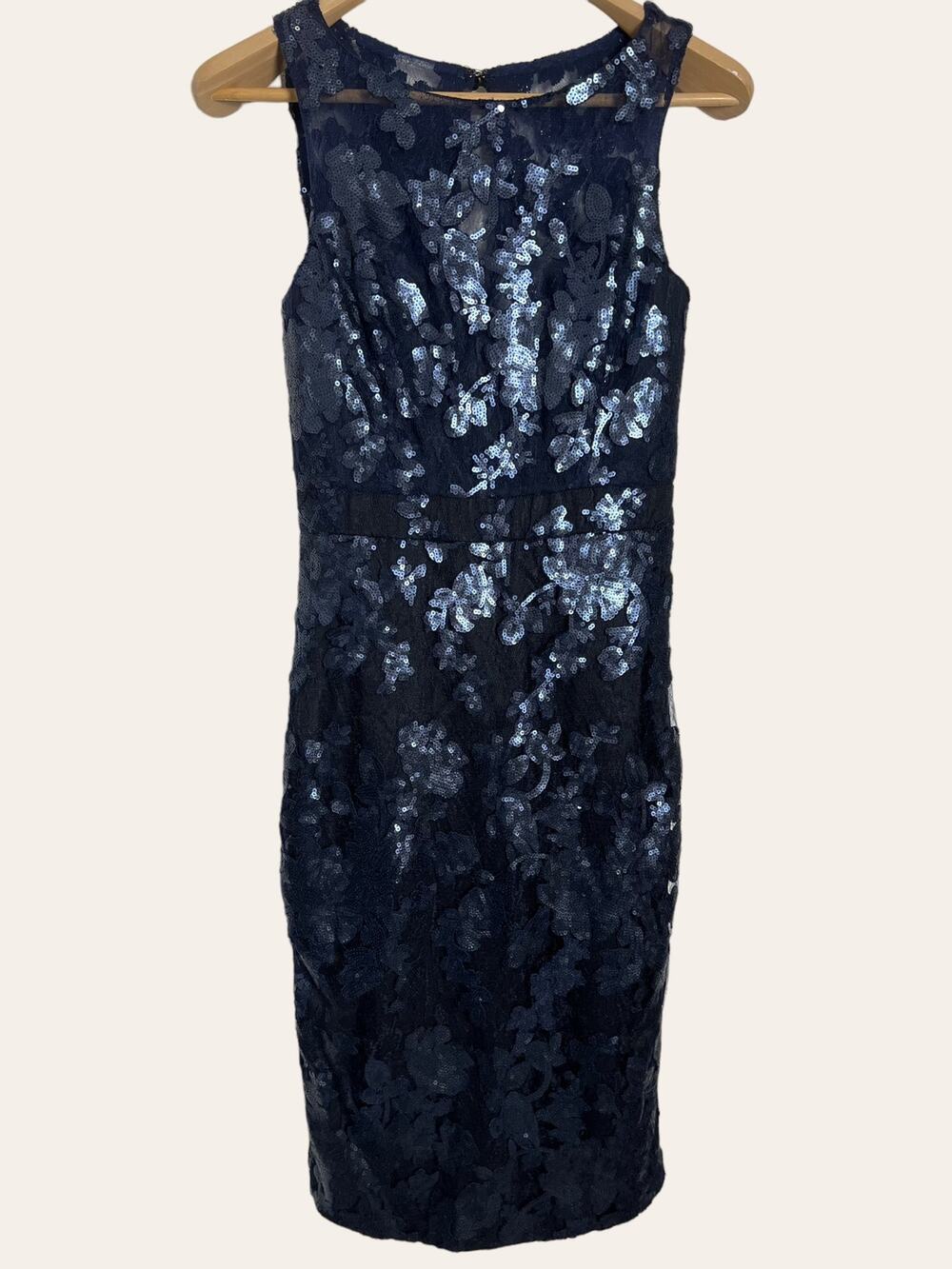 Badgley Mischka Navy Blue Sequin Sleeveless Knee Length Cocktail Dress Size 6